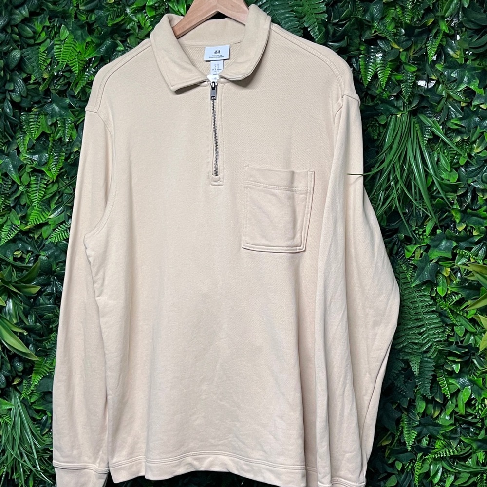 H&M Polo Sweatshirt Men Large Beige Quarter Zip‎ Long Sleeve Pocket 3522